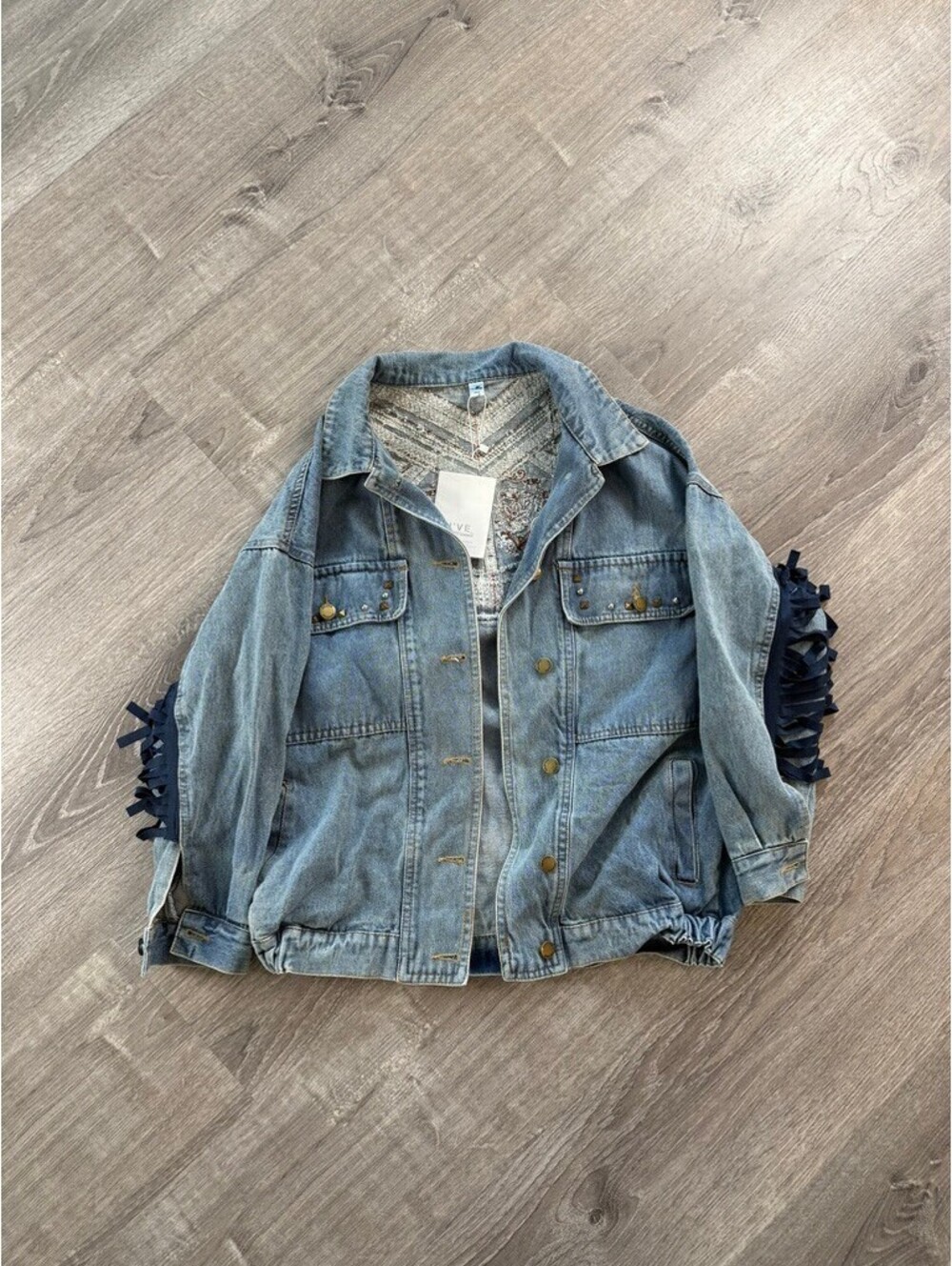 Western Denim Jacket with Embroidered Floral Back and Fringe Detail, sz L
